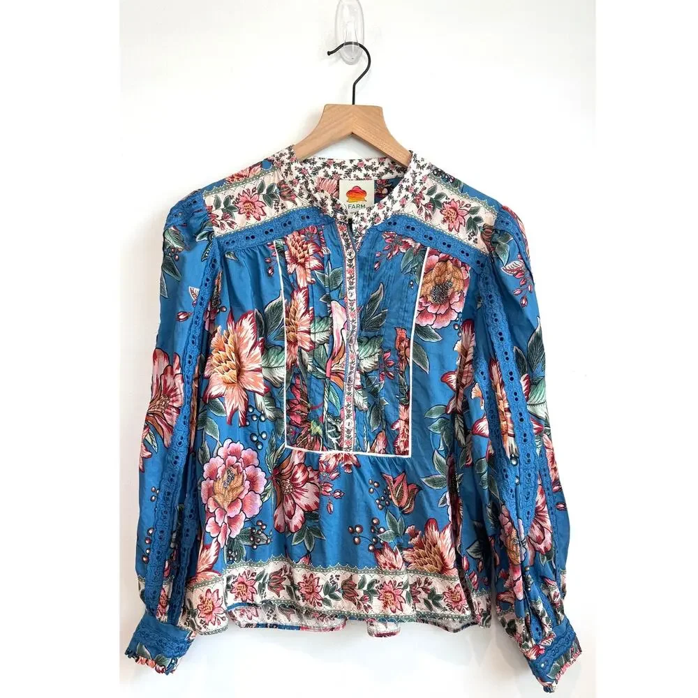 Farm Rio Wonderful Bouquet Floral Blue Long Sleeve Blouse Size Small